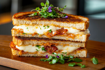 A grilled cheese sandwich with bacon and cheese on a wooden cutting board