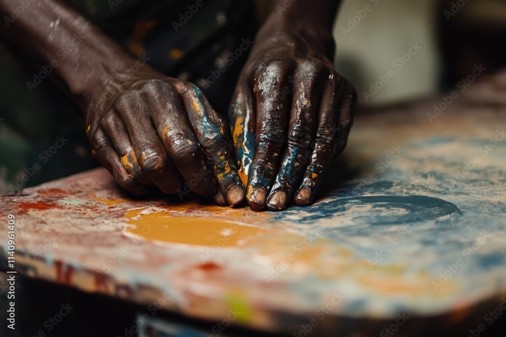 Poster this close-up image captures hands skillfully mixing vibrant colors of paint on a table, symbolizing