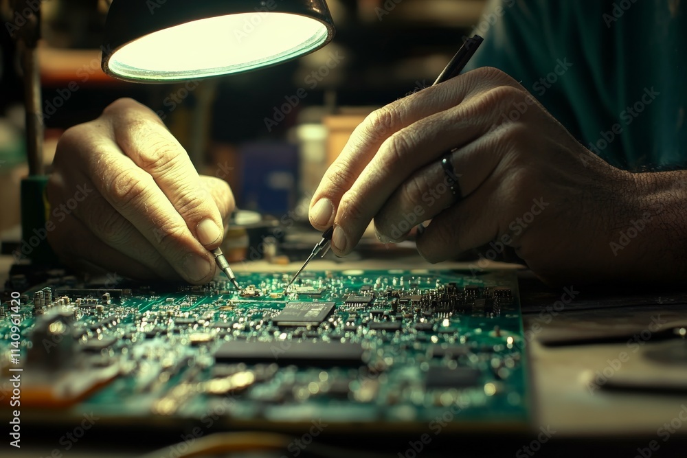 Aufkleber A captivating close-up of hands skillfully repairing a circuit board under warm lighting, demonstrating precision and concentration in the intricate process of electronics.