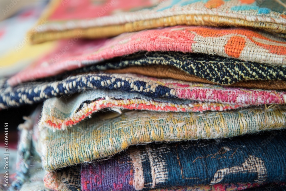 Aufkleber This image displays an array of neatly stacked and folded fabrics, showcasing intricate designs and vibrant colors that evoke creativity and a passion for textiles.