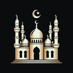 Vector beautiful pattern illustration of gold mosque silhouette with a large dome, minarets and an arched entrance. Isolated islamic mosque pattern on black background. Ornate decorative design.