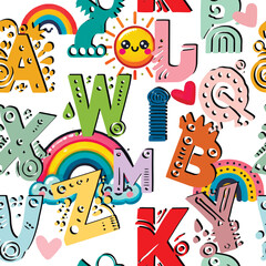 Bright childish baby seamless vector pattern with colorful letters of the alphabet in a fun and playful style. Funny repeating  white background with cartoon letters, abc, rainbow, sun, love hearts.