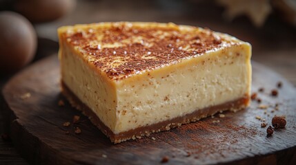 Highresolution photorealistic DSLR image of eggnog cheesecake composition