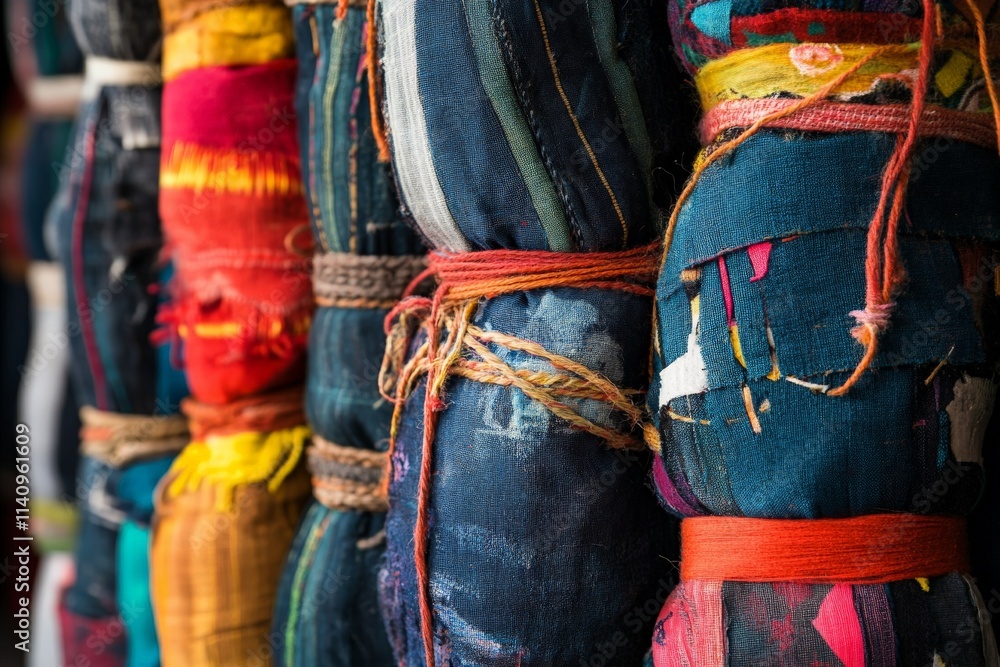 Poster vibrant textiles are stacked in rolls, showcasing intricate patterns and rich colors, highlighting t