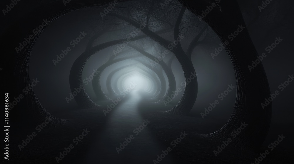 Poster a dark forest with a path that is illuminated by a light