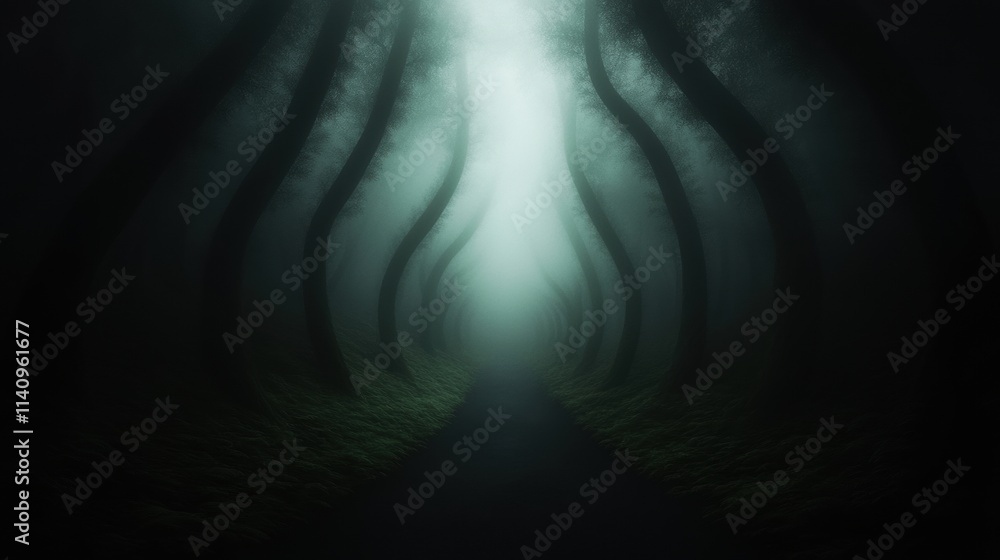 Poster a dark forest with trees that are twisted and bent