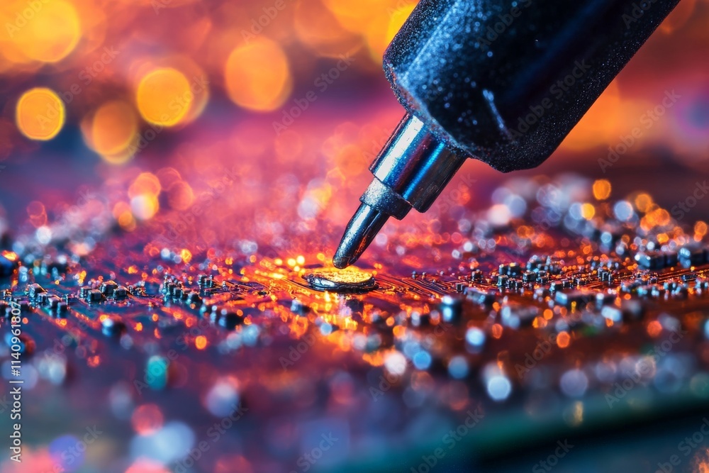 Fototapete a captivating close-up image of an electronic circuit board, featuring a soldering pen poised to men