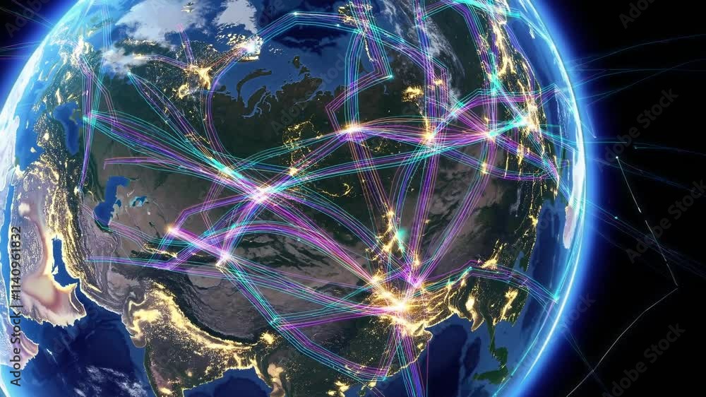 Poster global connection networks visualized through bright pathways across the earth at night