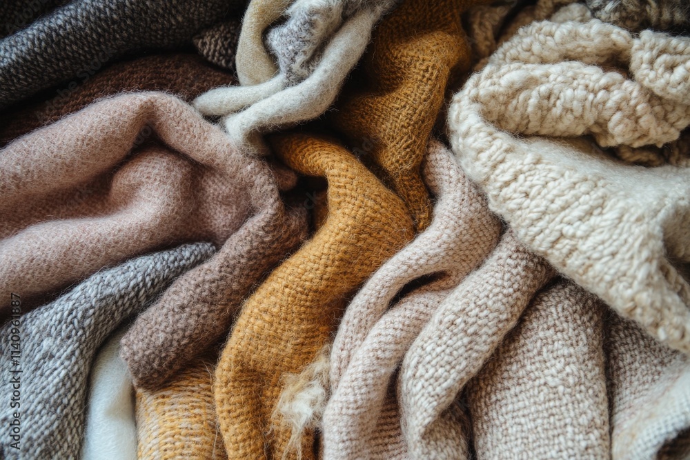 Poster a beautiful array of textured knit fabrics in warm earthy tones, inviting comfort and warmth, perfec