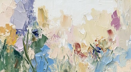 Colorful abstract landscape filled with flowers and soft sky at midday