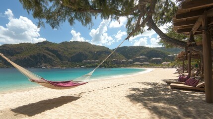 Fototapeta premium Tranquil beach scene with a hammock under a tree and clear blue waters.