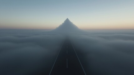 A foggy mountain range is in the background of a road