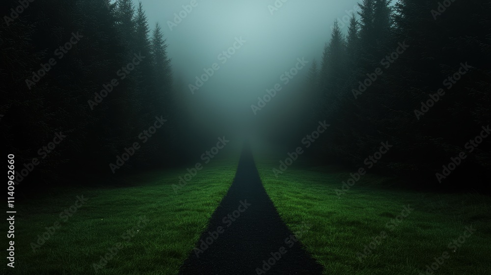 Poster a path through a forest with foggy mist and trees