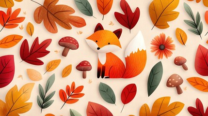 Obraz premium Paper cutout of a fox on white background, surrounded by green, orange, and red leaves, with nearby mushrooms