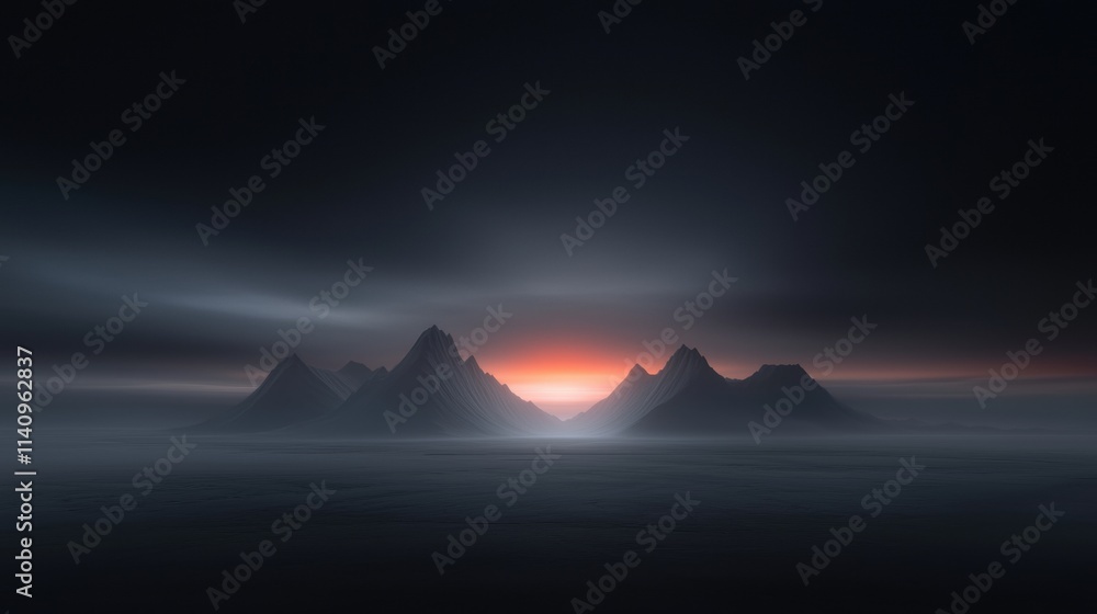 Poster a mountain range with a sun setting in the background