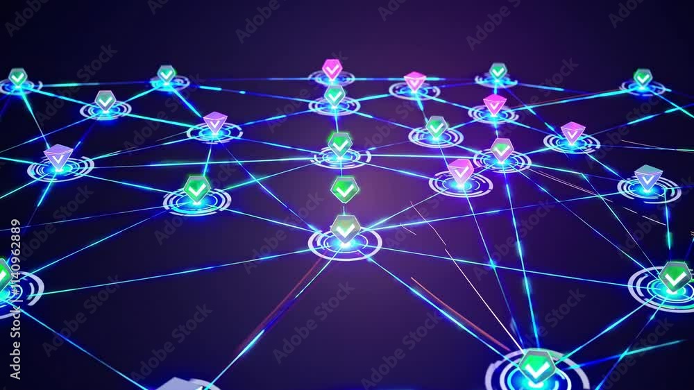 Poster explore virtual networks with glowing connections and interactive nodes showcasing digital innovatio