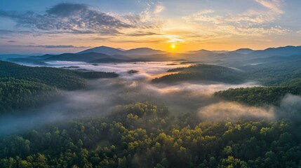 Majestic sunrise over misty mountain landscape with lush forests and serene atmosphere