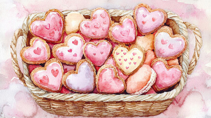 basket of heart shaped cookies and candies in soft pink hues, perfect for celebrations