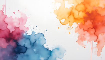 Colorful watercolor splashes in pink, blue, and orange on white background, artistic and abstract, copy space