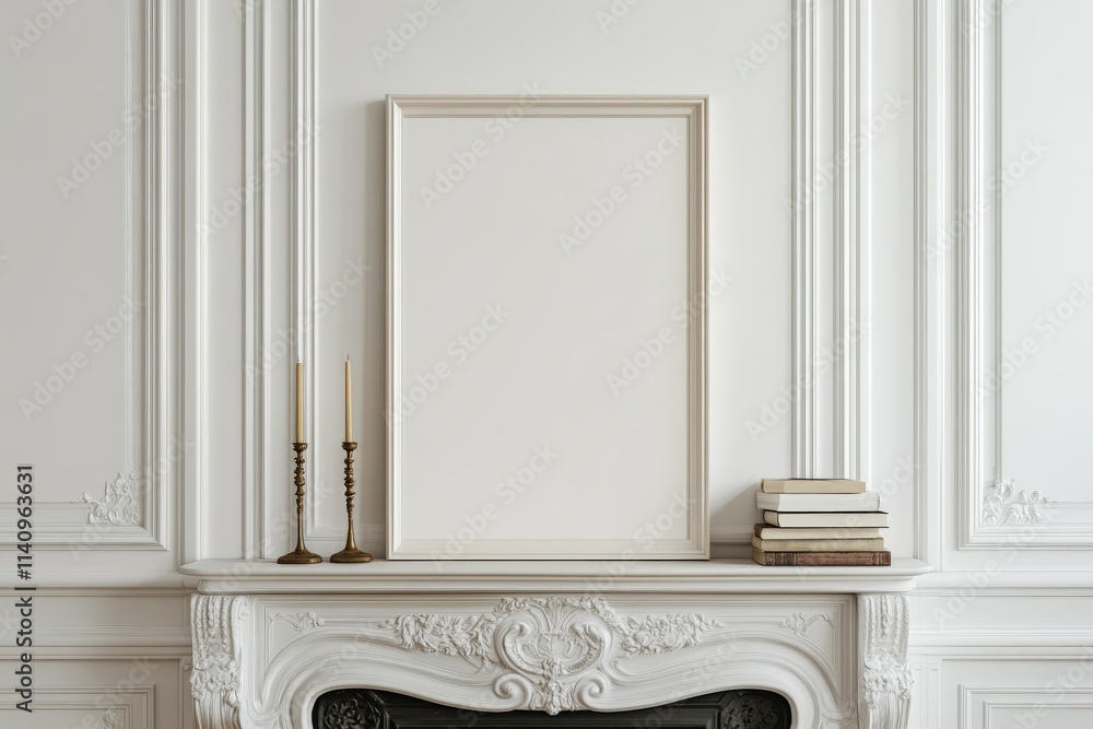 Poster this image showcases a refined mantel decor with an empty frame, candlesticks, and books, highlighti