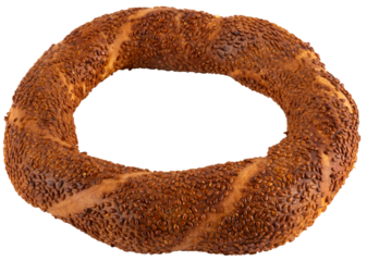 Turkish simit, delicious traditional cuisine pastry product Turkish simit isolated transparent png image with copy space workspace area for advertisement text place mock up. Menu design idea image.