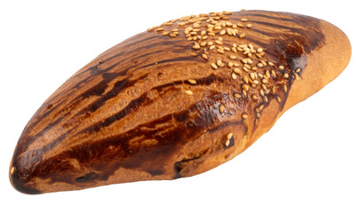 Turkish pastry product pogaca, fresh baked delicious traditional Turkish pastry product pogaca. Isolated white background, copy space. Sesame  seeds top of it. Fast food breakfast concept.