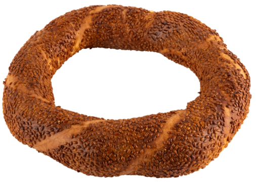 Turkish simit, delicious traditional cuisine pastry product Turkish simit isolated transparent png image with copy space workspace area for advertisement text place mock up. Menu design idea image.