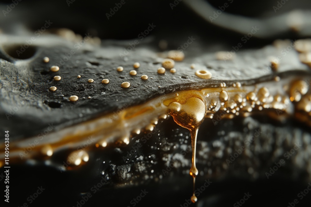Aufkleber a striking close-up of glistening oil droplets cascading over a dark surface, emphasizing the interp