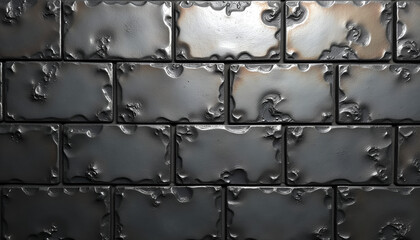 Naklejka premium Textured black metallic wall with glossy tiles, industrial and robust, modern design, copy space