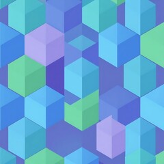 Geometric Abstraction in Blue, Green, and Purple: A seamless pattern of overlapping, translucent cubes in vibrant shades of blue, green, and purple. The cubes appear to float in a mesmerizing.