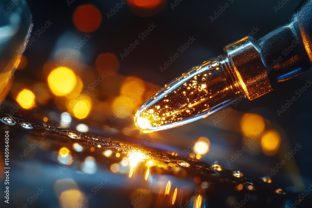 Poster a captivating macro shot of a golden droplet of liquid glistening atop a sleek surface, showcasing t