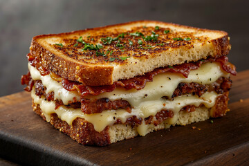 A grilled cheese sandwich with bacon and cheese on a wooden cutting board