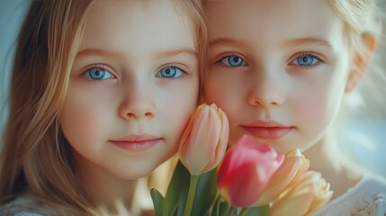 Sweet moment between two girls holding pink tulips with bright smiles indoors