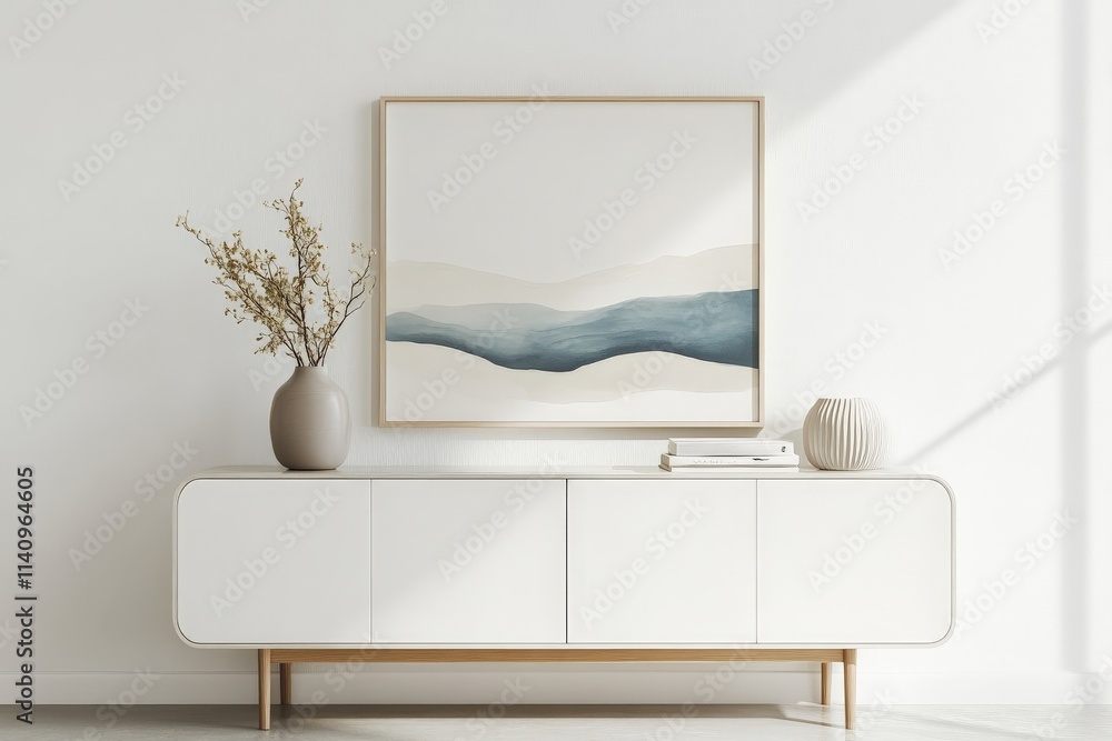 Aufkleber an artistic abstract landscape painting on the wall above a stylish sideboard, highlighting soft col