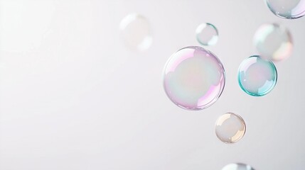   A cluster of bubbles drifting above a white backdrop beside a pastel blue and white wall, framing a vibrant skyscape