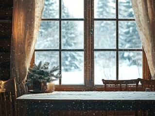 Snowy Winter Window View Rustic Cabin Table Setting