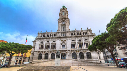 Fototapeta premium Town Hall building Camara Municipal do Porto timelapse hyperlapse on Liberdade Square, Porto, Portugal
