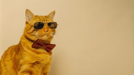 Obraz premium portrait of the stylish cat in the sunglasses and bow against colored background