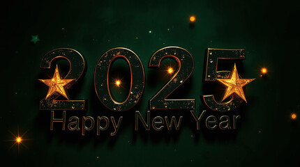 Black and gold 2025 Happy New Year text on green background