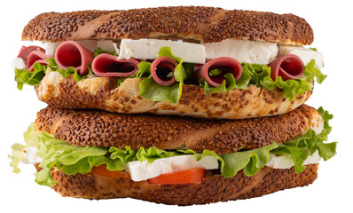 Simit sandwich, side view photo of two simit sandwiches stacked on top of each other isolated transparent png image. Delicious traditional Turkish breakfast white cheese, salami, lettuce, tomatoes.