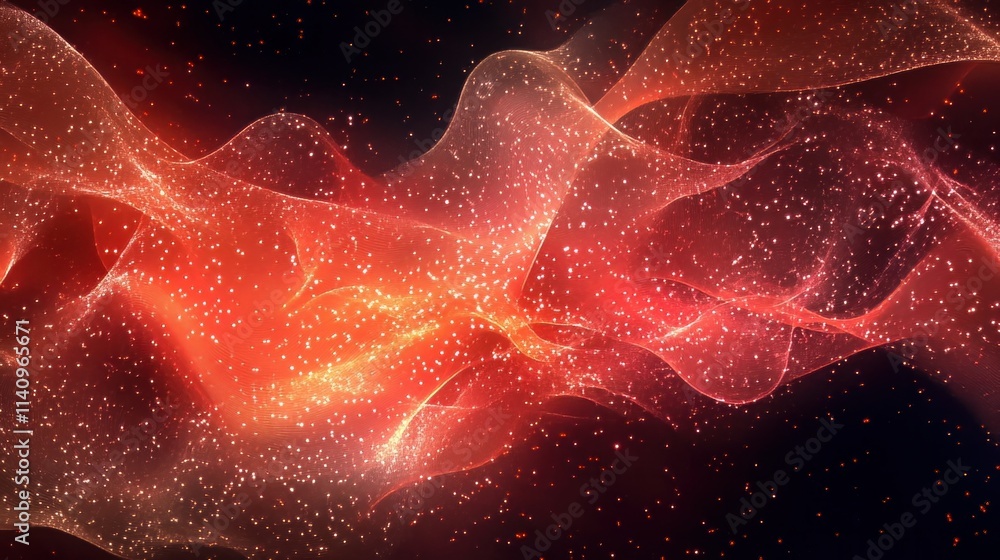 Poster a dynamic digital scene of moving particles representing data in motion.