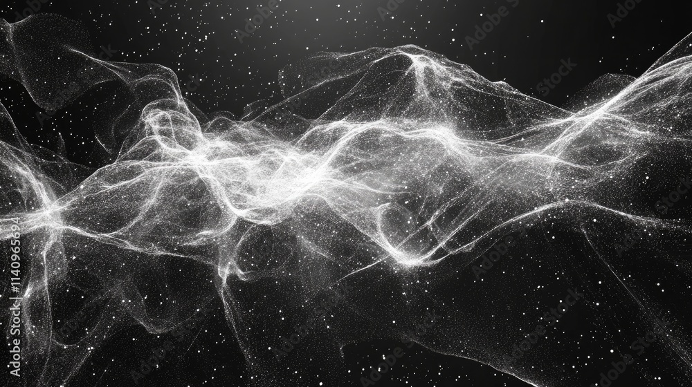 Poster a dynamic digital scene of moving particles representing data in motion.