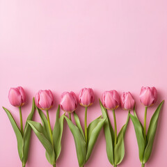 Obraz premium Composition of spring flowers, Pink tulips on pink background. Easter, Valentine's Day, Women's Day, Mother's Day postcard. Flat lay, top view, copy space, place for text. Square