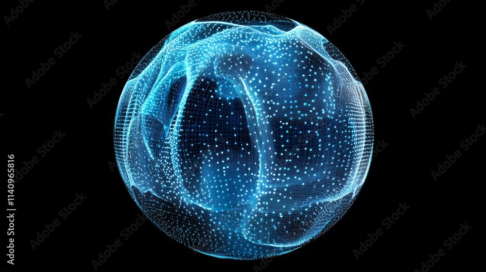 Poster a textured wireframe sphere in shades of blue with subtle noise effects.