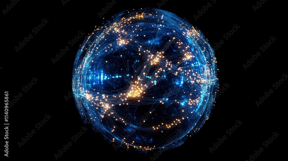 Poster a textured wireframe sphere in shades of blue with subtle noise effects.