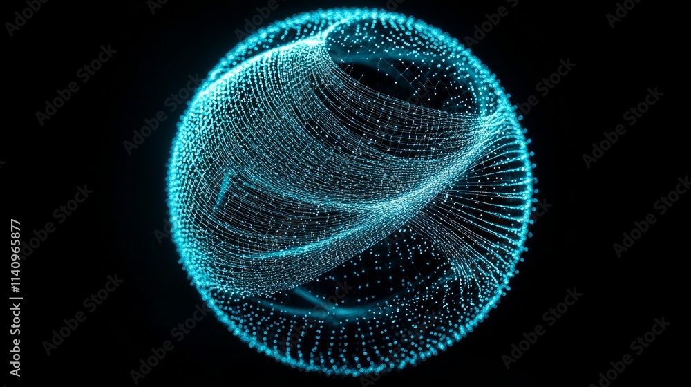 Poster a textured wireframe sphere in shades of blue with subtle noise effects.