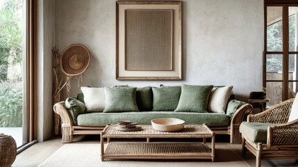 Fototapeta premium Modern living room design featuring natural materials and greenery in a tranquil space