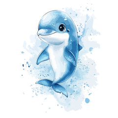 cartoon dolphin cute chibi watercolor painting vector illustration
