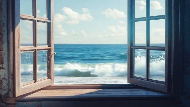 Enjoying a serene ocean view through a rustic window pane, offering a sense of calm and tranquility