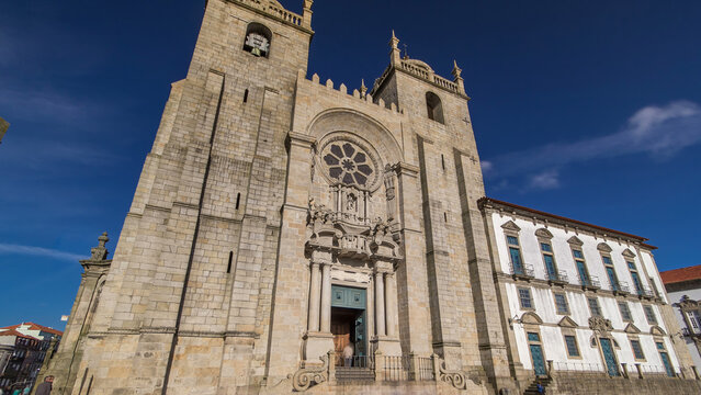 Porto Cathedral or Se Catedral do Porto timelapse hyperlapse. Romanesque and Gothic architecture.